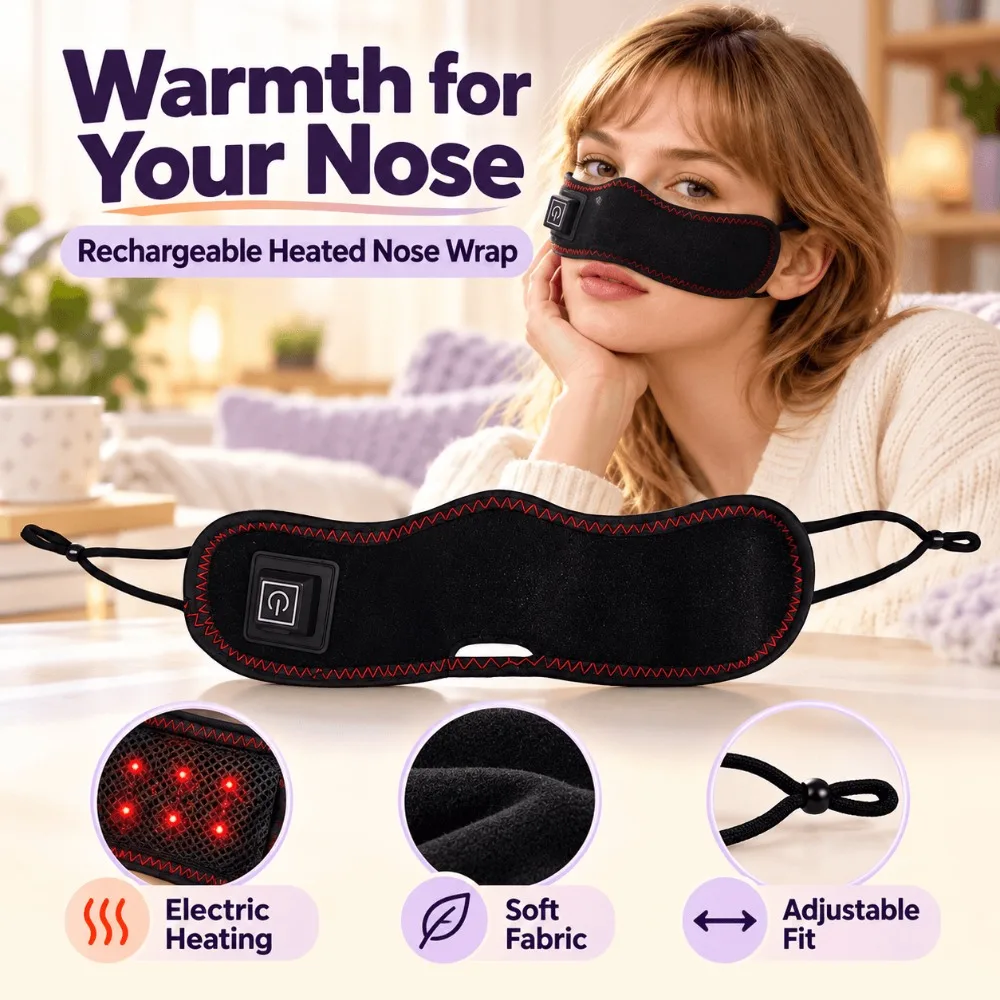 Red Light Heated Nose Mask, USB Rechargeable Nose Warmer, 3 Heat Levels, Adjustable Ear Loops, Portable for Cold Weather Comfort