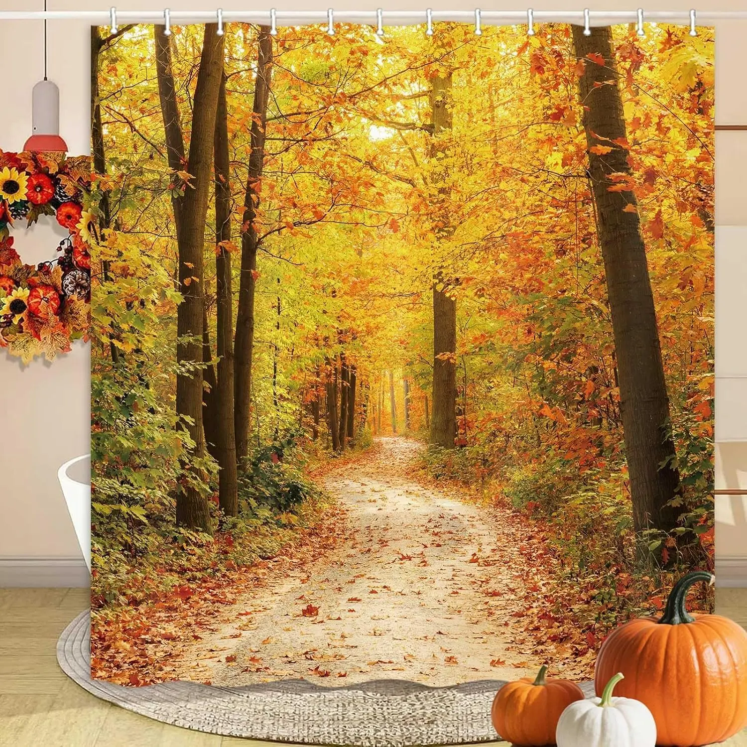 

Forest Shower Curtain,Maple Leaves Leaves Bathroom Curtain Forest Nature Scenery Polyester Fabric Bath Curtain Set with 12 Hooks