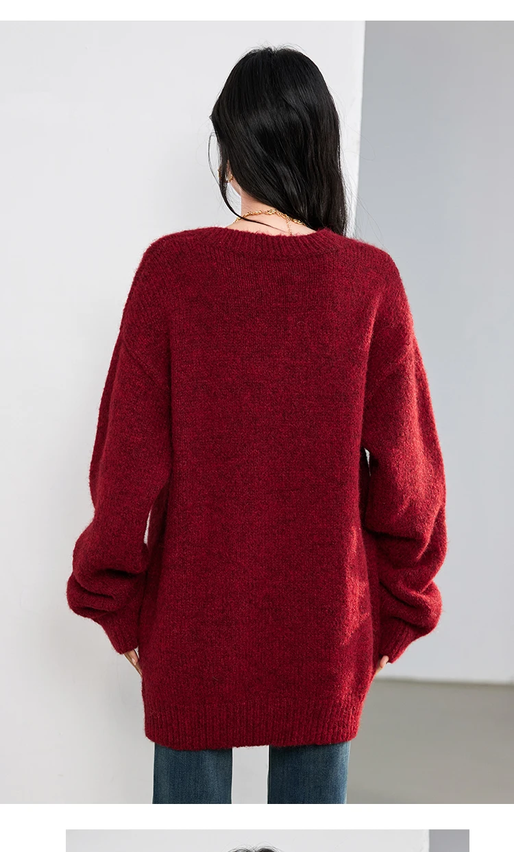 2025 New Autumn and Winter Soft Lazy Style V-neck Sweaters Christmas Red Off Shoulder Pullover Sweater Tops Female