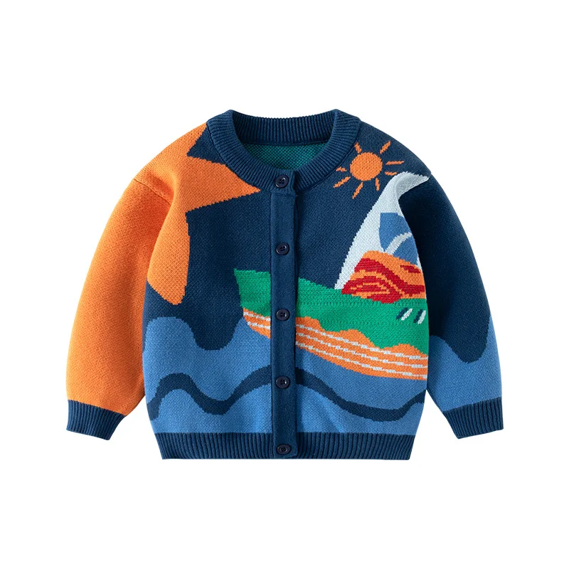 New Spring Autumn Ins Baby Boys Sweater Patched Cartoon Cotton Children Boys Coat Colorful Single Breasted Little Boys Knitwear