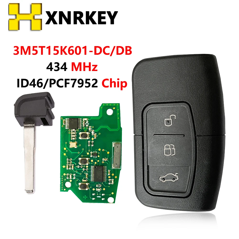 XNRKEY Remote Control Car & Key Shell for Ford Focus Kuga C-Max MK2 Mondeo Galaxy 434MHz PCF7952 FCC:3M5T15K601-DC/DB