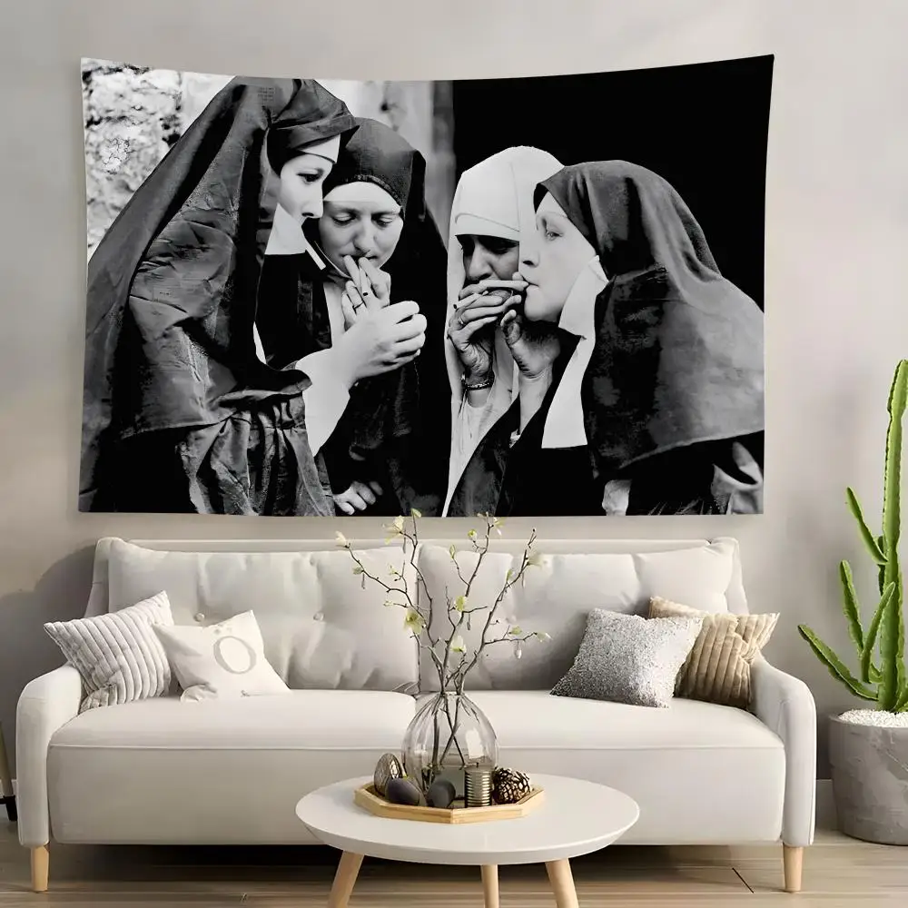 

Nuns Smoking Print Tapestry Custom Home Living Room Bedroom wall decor Wallpaper Backdrop Cloth With clips