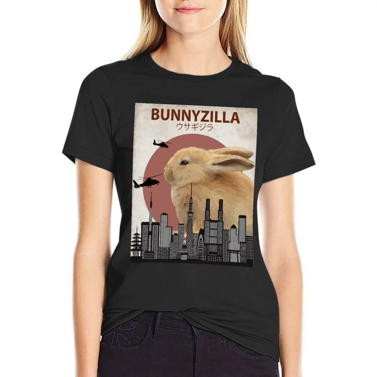 Bunnyzilla - Giant Bunny Rabbit T-Shirt oversized Female clothing Blouse Short sleeve tee Woman T-shirts