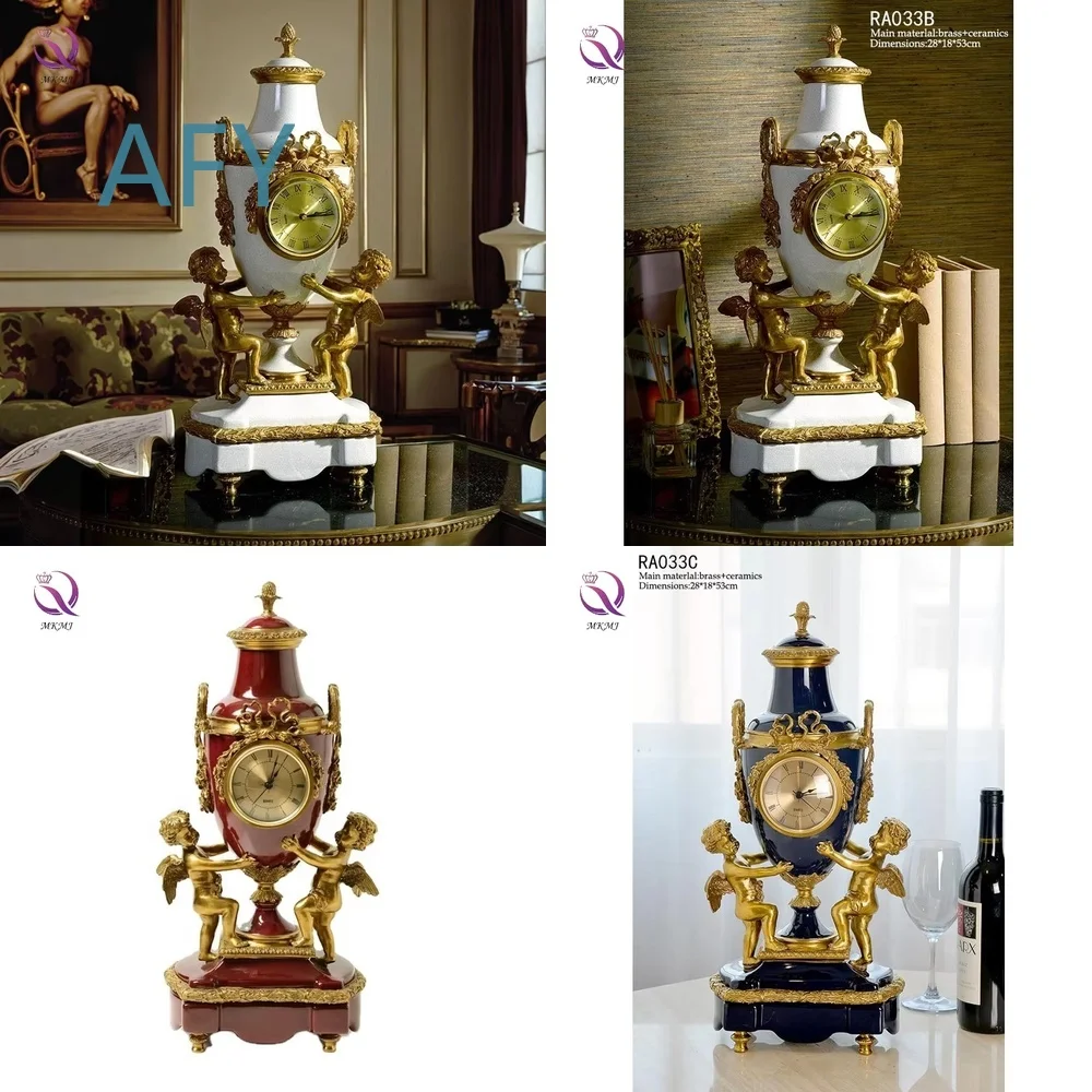 Luxury Ceramic Desk Clock with Brass Frame for European Home Decor Neoclassical Angel Figurine for Living Room Porch Office