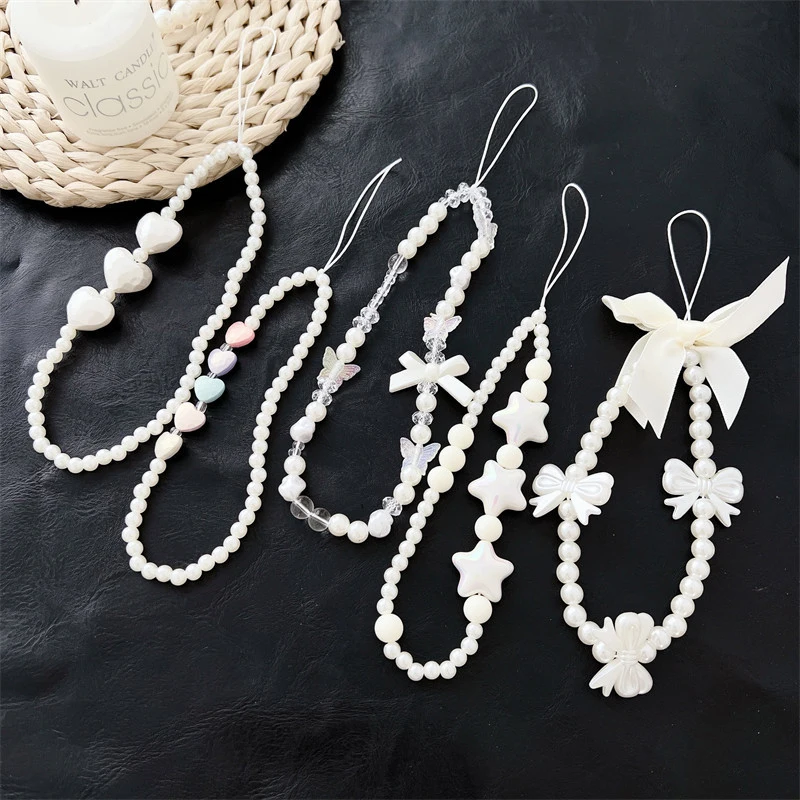 Clear Butterfly Mobile Phone Strap Beads Lanyard For Keys Bow Knot Artificial Pearl Wrist Phone Charm Anti Lost Cellphone Chain