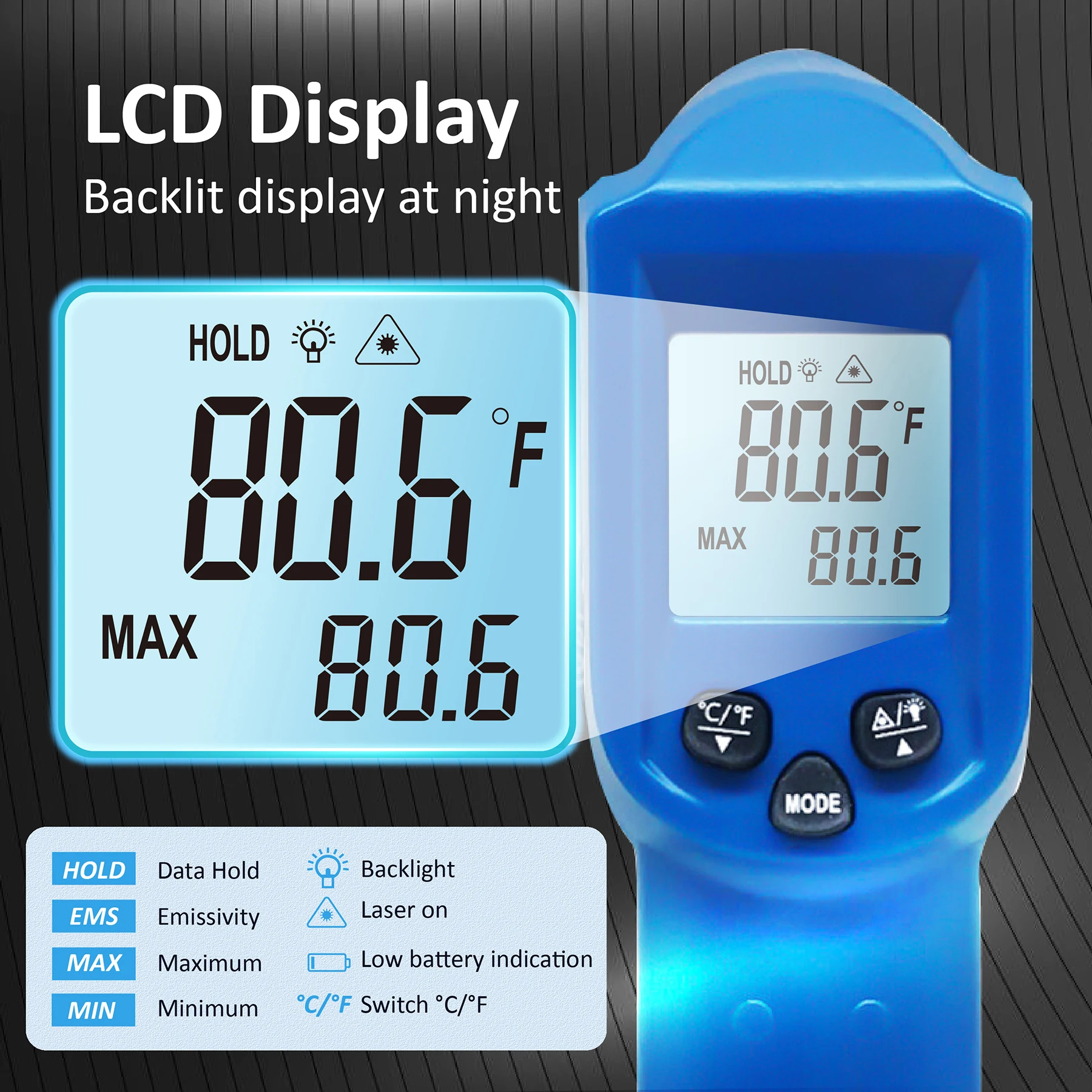 LCD Industrial Electronic Thermometer NonContact -50~550°C Digital Laser Temperature Meter Gun Laser Point Infrared Thermometer