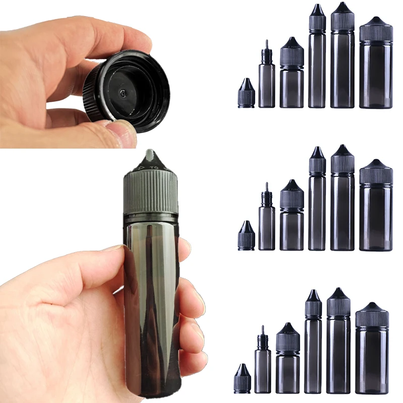 Gotero vacío de plástico PET, botellas de 10 piezas, 10ml-20ml, para aceites de agua, líquido, transparente, negro, tapa de Punta larga con embudo
