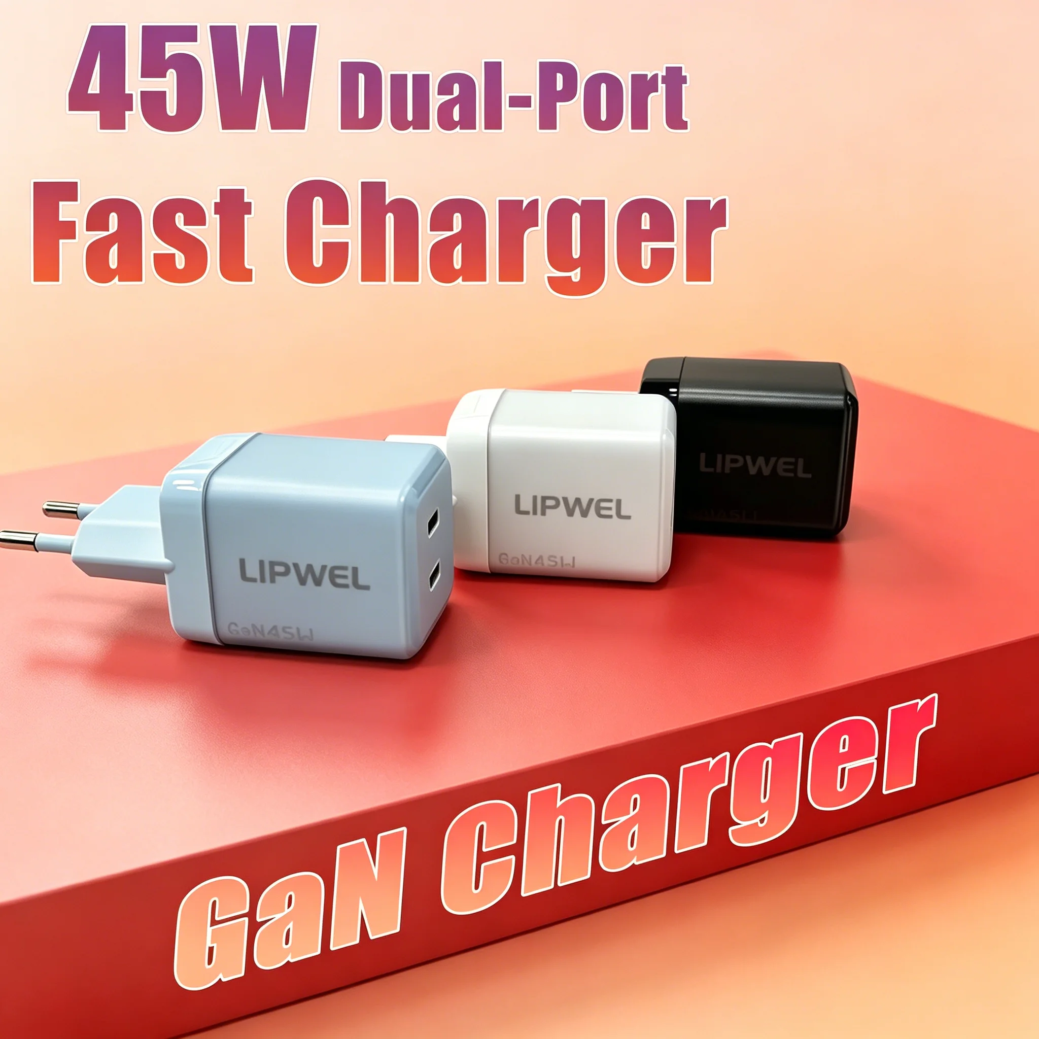 45W Dual USB‑C Port Fast Charger, GaN PD Wall Charger (Max 45W), EU Plug, Compact Travel Power Adapter for Phones, Tablets