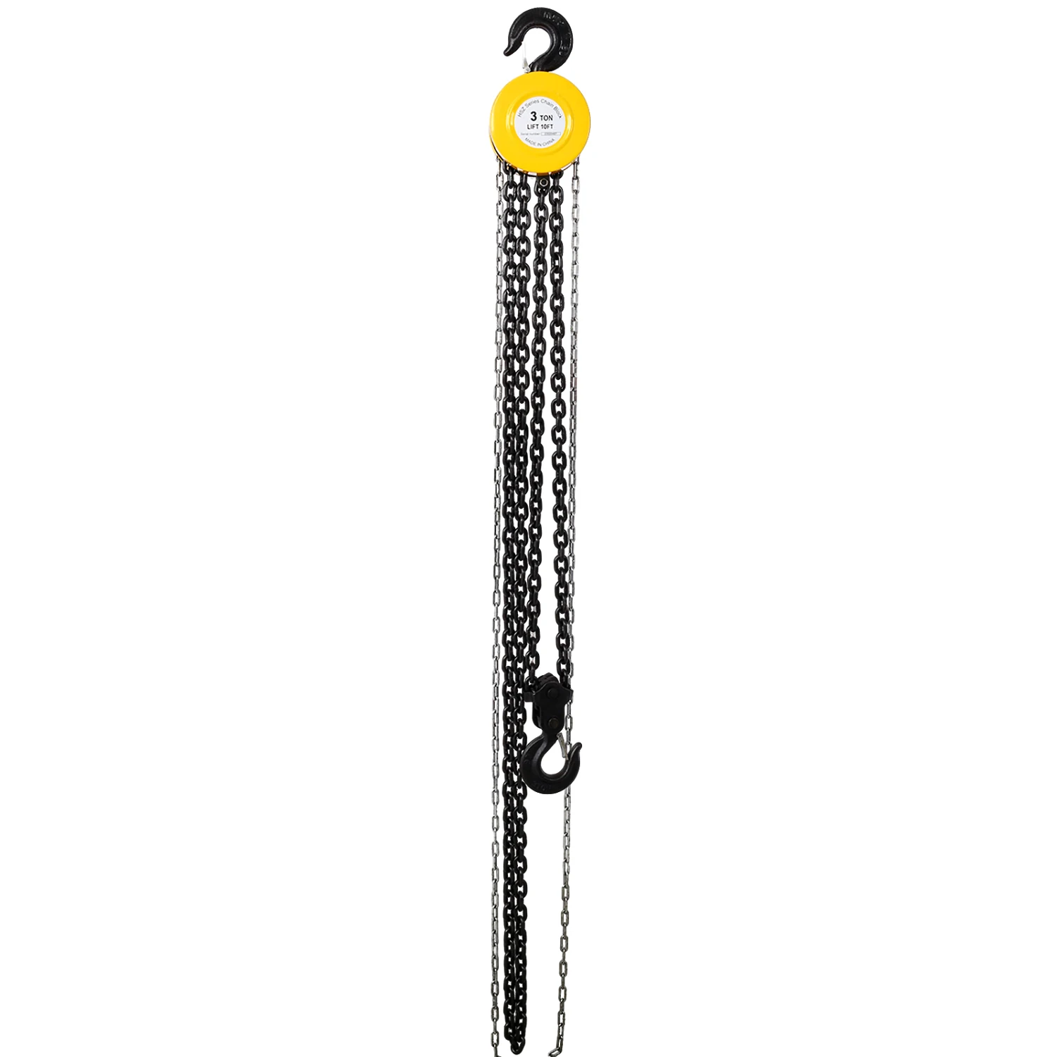 

Chain hoist 6600lbs 3T capacity 10ft wIth 2 heavy duty hooks,Manual chain hoist steel construction,Yellow