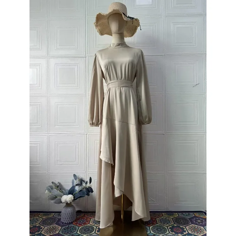 Temperament Rüschen Unregelmäßiges Kleid Muslimischen Satin Oansatz Hohe Taille Abendkleid Elegante Laterne Hülse Einfarbig A-linie Kleid