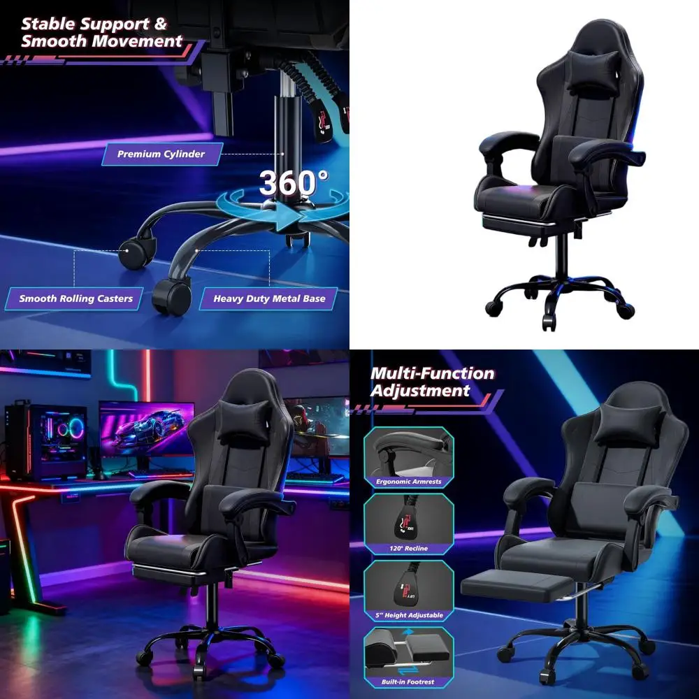 

Эргономичное игровое кресло с регулируемыми подлокотниками, подставкой для ног и подголовником для домашнего офиса, грузоподъемность 350 фунтов, черное.