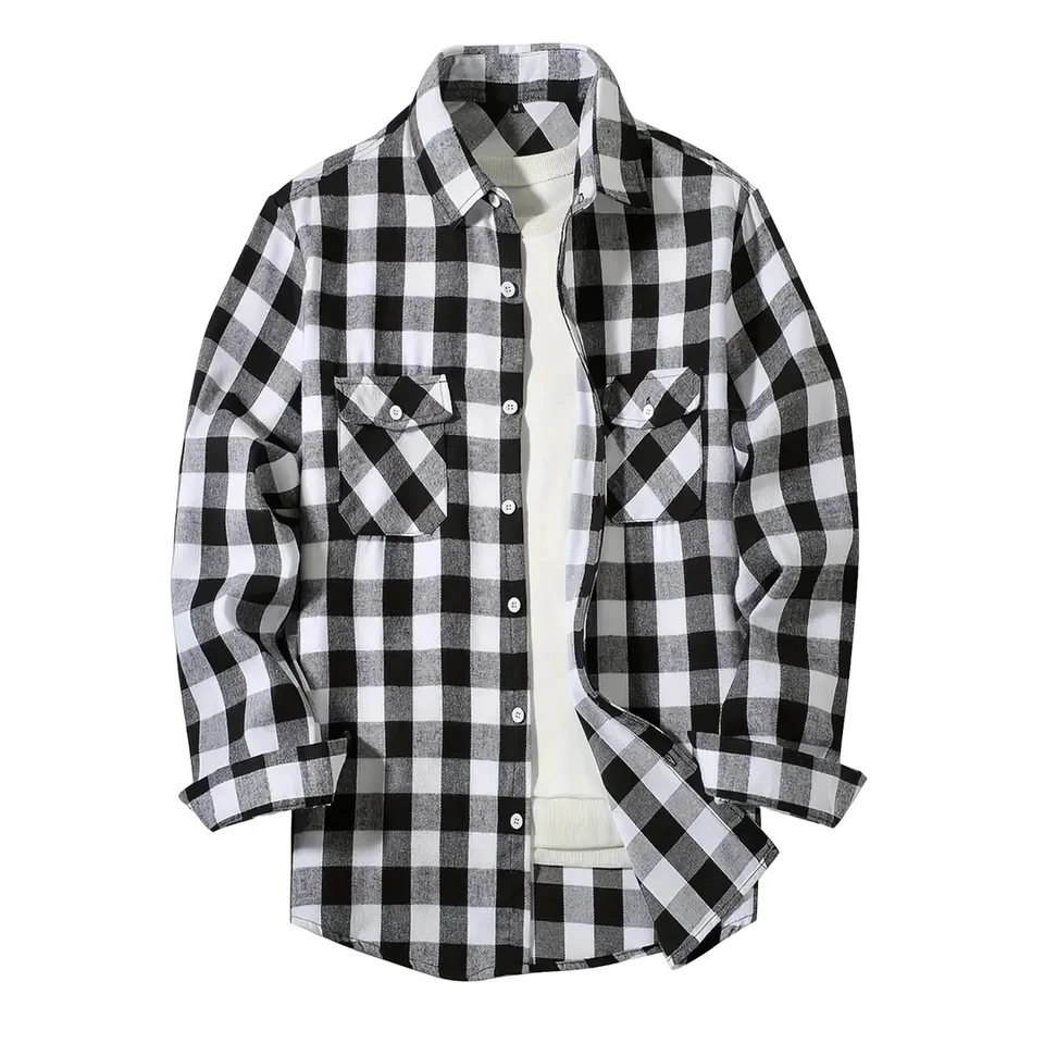 

2026 Spring Retro Flannel Plaid Shirt For Men Korean Fashion Button-Up Blouses Streetwear Male Checkered Shirts Men Clothing
