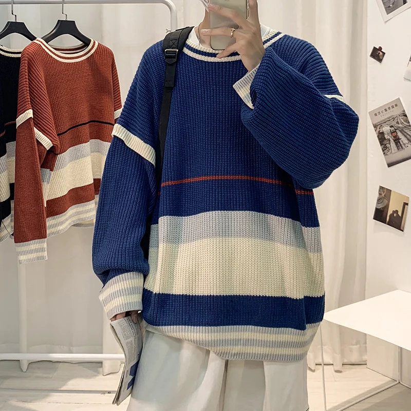 

Sweater Men Streetwear Hip Hop Autumn O-neck Oversized Couple 2024 Stitching Striped Male Tops Vintage Knittwear Sweaters