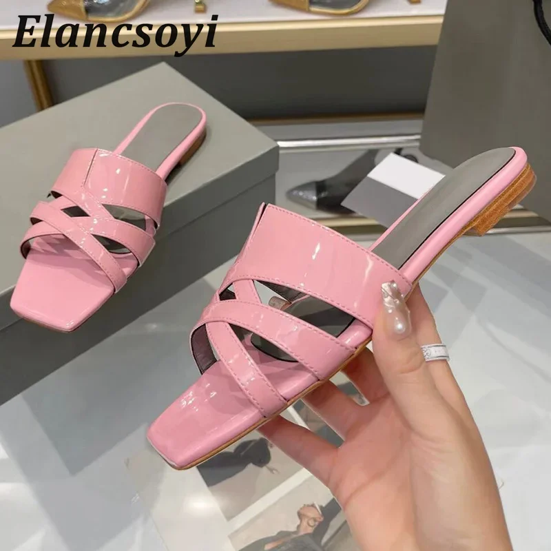 Summer Patent Leather Flat Slippers Women Square Toe Hollow Out Lazy Sandals Solid Color Slides Leisure Vacation Beach Shoes