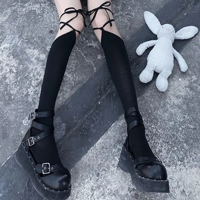 L5YC estilo japonés mujeres muslo calcetines altos Harajuku gótico entrecruzado para vendaje con cordones cruzados sobre