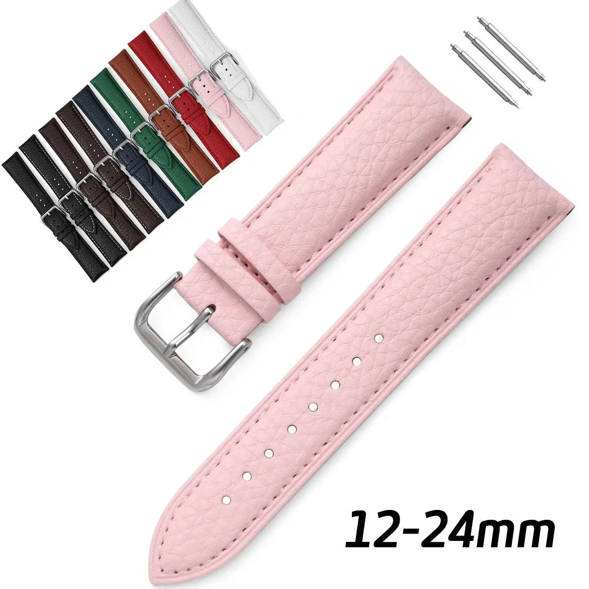 Litchi Grain Strap 12 14 16 18 19 20 21 22mm 24mm Watch Accessories Soft Genuine Leather Wristwatch Band With Metal Pin Buckle