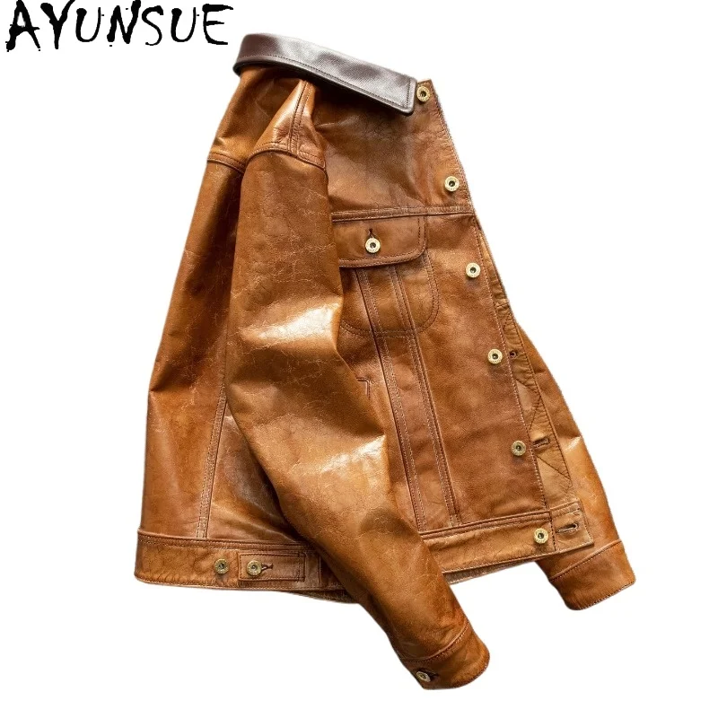 AYUNSUE Top Layer Goatskin Leather Jacket Man Short Jackets of Man Motorcycle Leather Coat Chic Mens Jacket Abrigos Plus Size