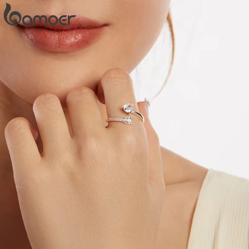 BAMOER 2025 الصلبة 925 فضة السهم القلب قابل للتعديل الدائري ، موضة قابل للتعديل حلقة الحد الأدنى مجوهرات BSR666-E