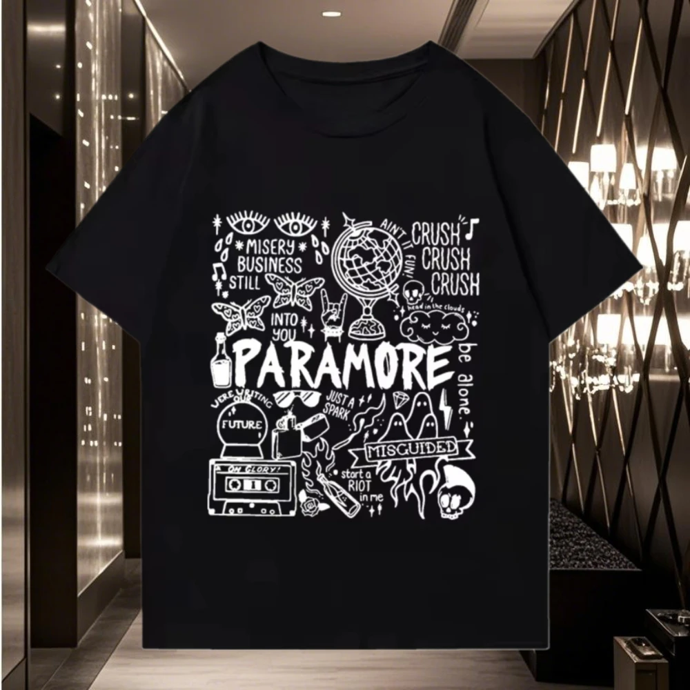 

New T-shirts Men Women Vintage Short Sleeve T-shirt Unisex Pure Otton Tops Rock Band Paramore Doodle Art Tour Vintage Album