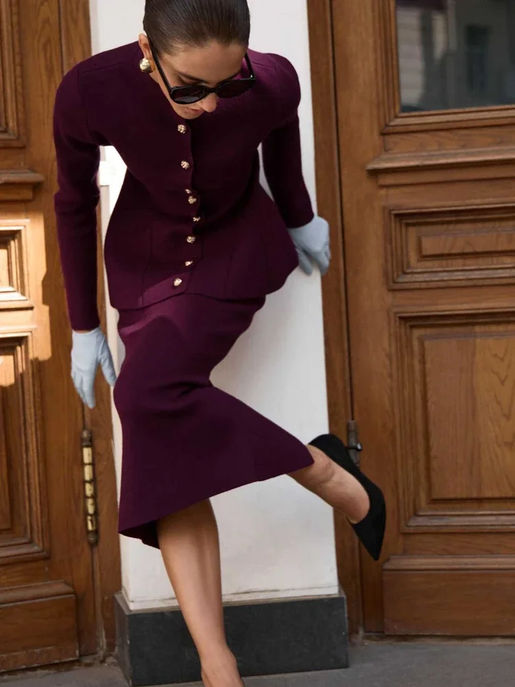 Scalloped Vintage 2-Piece Skirt Set Female Elegance Long Sleeves Round Neck Top And Slim Maxi Skirt Outfits Female Sets