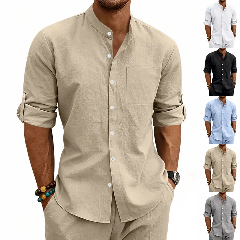 

Men's linen stand collar button shirt, long sleeve loose fit, breathable beach casual cardigan