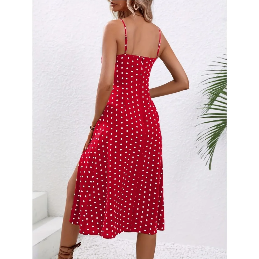 2024 Estate Sexy Cinghie di Spaghetti Vestito Delle Donne di Modo Polka Dot Stampa Senza Maniche Vestito A Spacco Boho Casual Spiaggia Abiti Midi