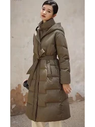 Winter White Duck Down Long Jacket With Belt Women's New Stylish Knee Length Thickened Warm Hooded Coat with Belt