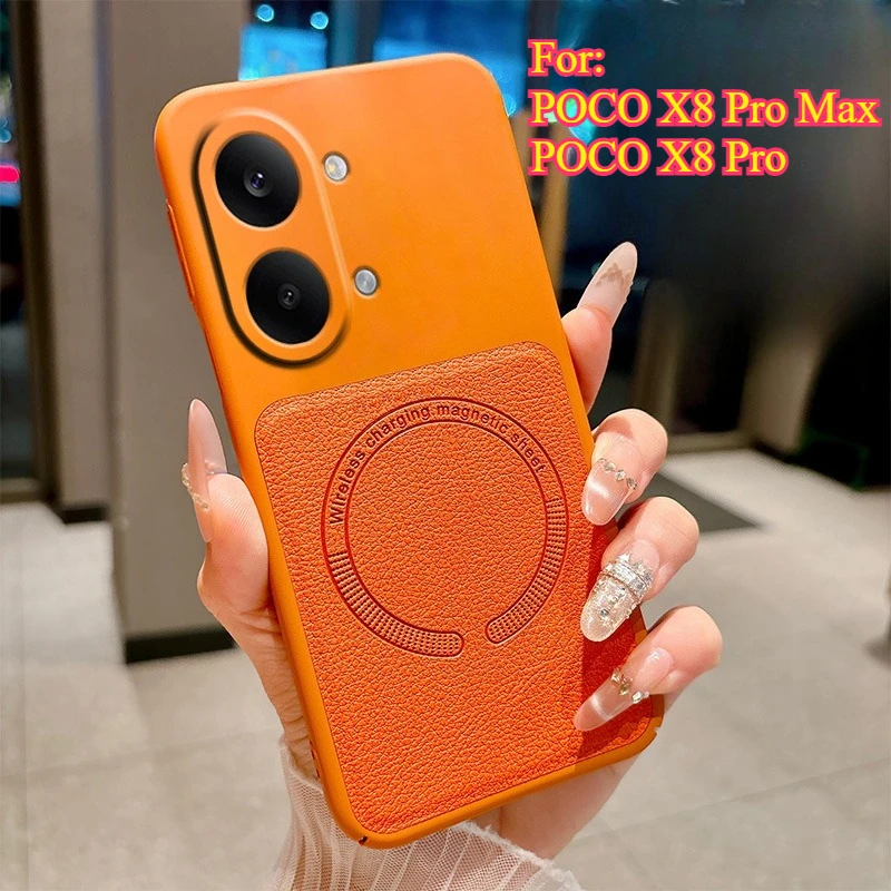 Für Magsafe Hülle für POCO X8 Pro Max Litchi-Muster Leder Magnetische kabellose Ladehülle Stoßfeste Abdeckung für Redmi Turbo 5 Max