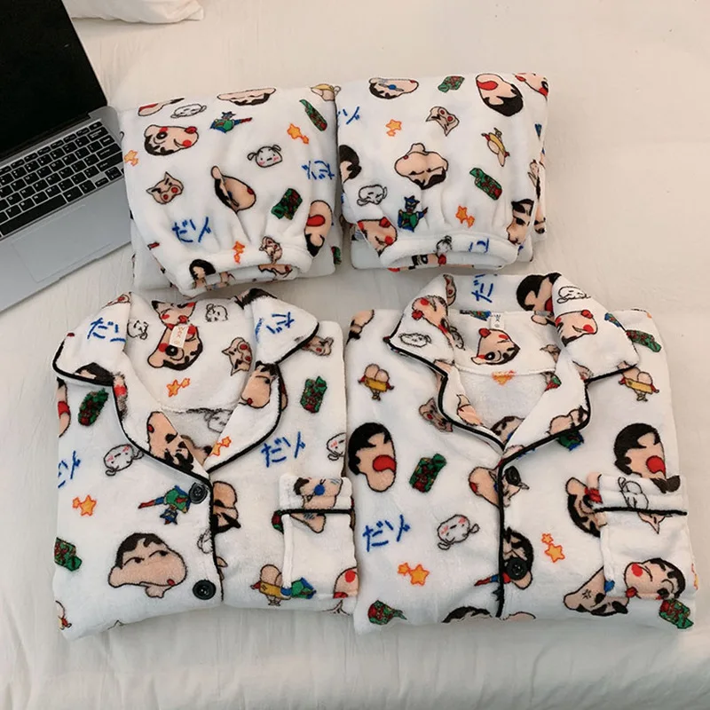 Anime Crayon Shin-Chan Men's/women's Couple Pajamas Set Casual Flannel Pajama Plush Lapel Coral Cartoon Warm Homewear Nightwear