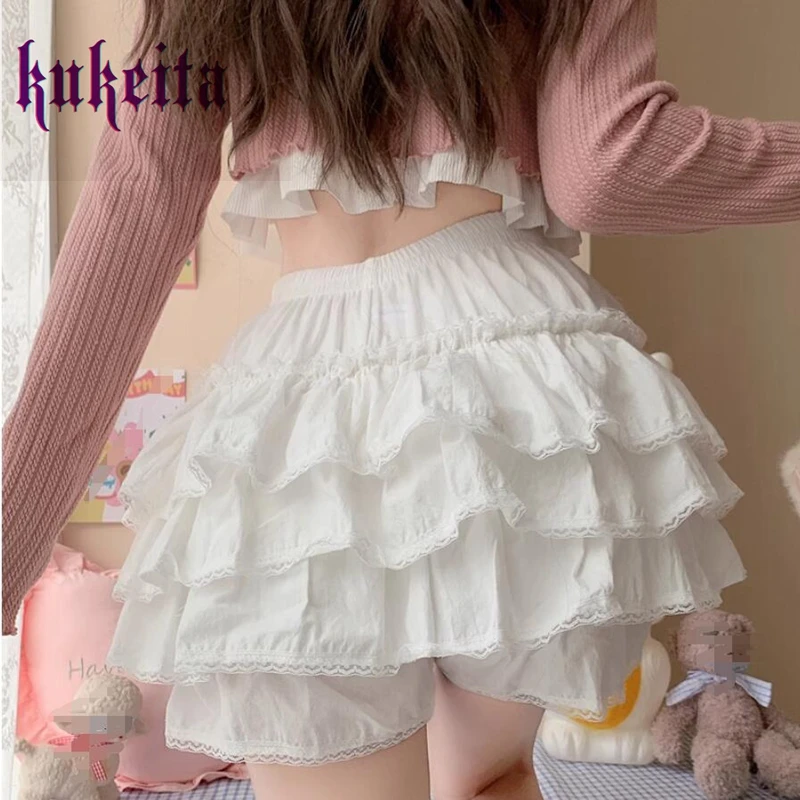 Kukeita Harajuku Sweet Lace Gothic Lolita Shorts Skirts Y2k Japanese Kawaii Ruffles Bloomers Women Cute Summer Safety Shorts