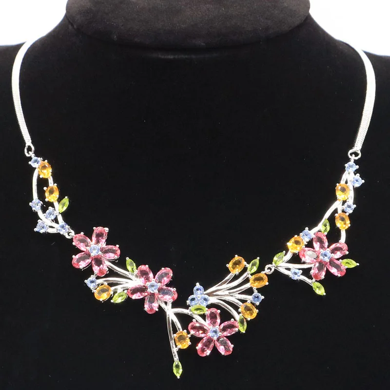 51x40mm Rhodolite Garnet Tanzanite Blue Topaz Citrine Peridot CZ Woman's Silver Necklace 19.5-20.5inch
