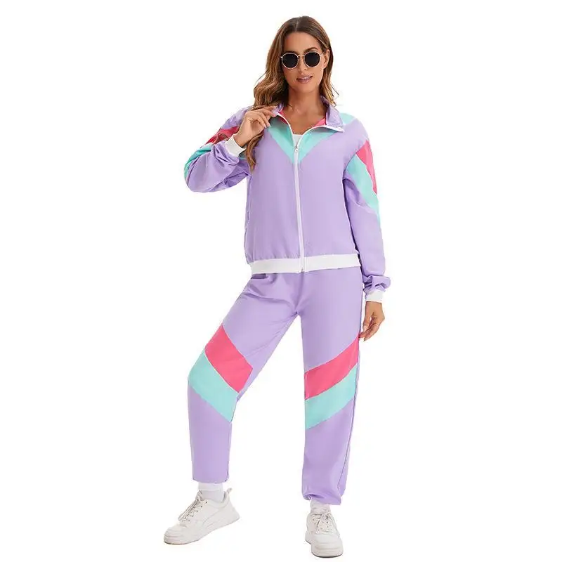 80s Retro Disco Hip Hop Sports Jaet Pants Set loween Costume ex Adult Dancewear Long Sve Zipper Closure
