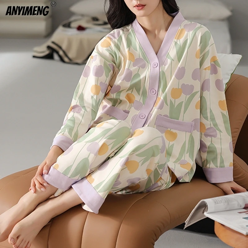 

Autumn Winter Kimono V-neck Pure Cotton Sleepwear Floral Print Pajamas for Women Long Sleeves Homewear Fashion Loungewear