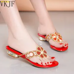 2025 New Summer Large Women's Slippers Fashion Diamond Flat Women's Sandals Open Toe Flip Flop Women's Beach Shoes