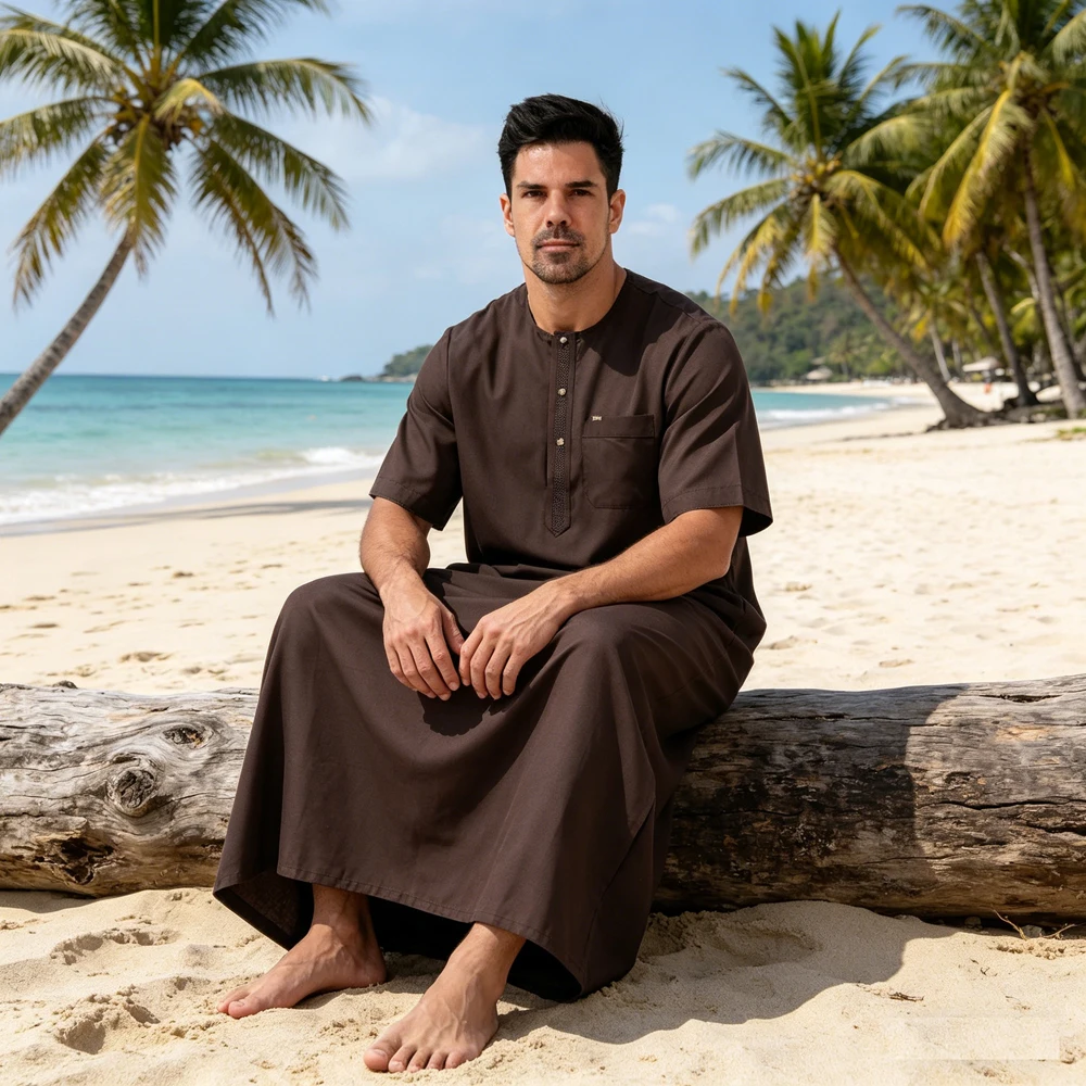 

Saudi Men Short Sleeve Jubba Thobe Muslim Kaftan Arab Dubai Traditional Gown Daffah Dishdasha Casual Long Robe Ethnic Clothing