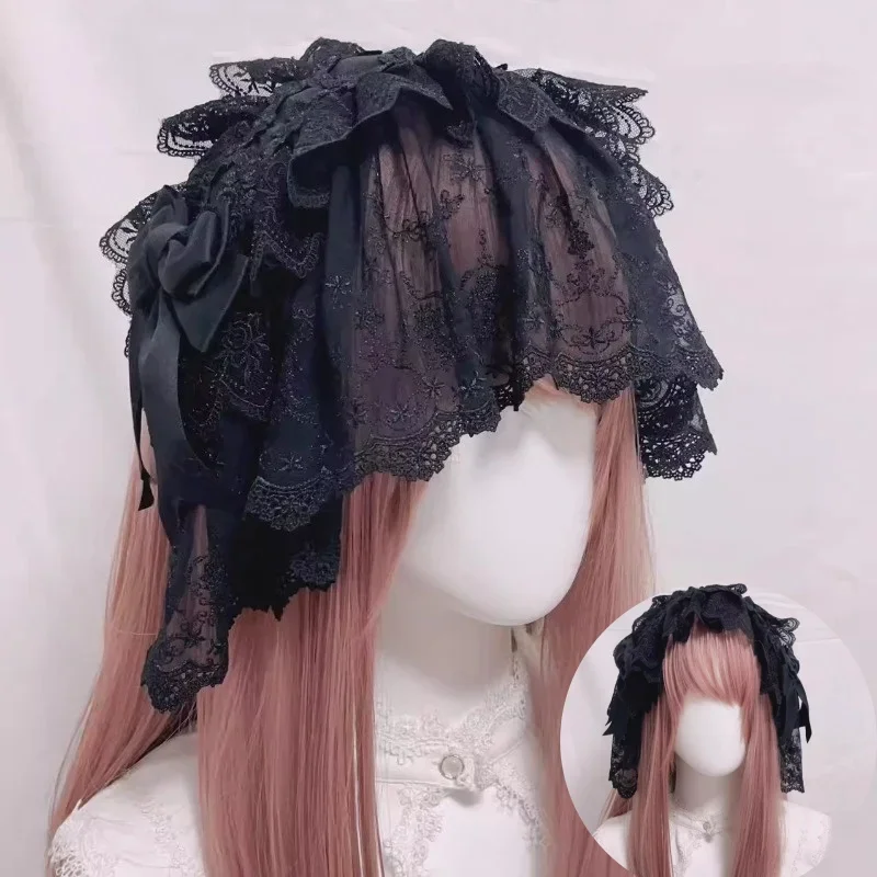 

Handmade Gothic Retro Lolita Headband Dark Black Veil Vintage Elegant Bow JK Lolita Daily Collocation Women Headwear