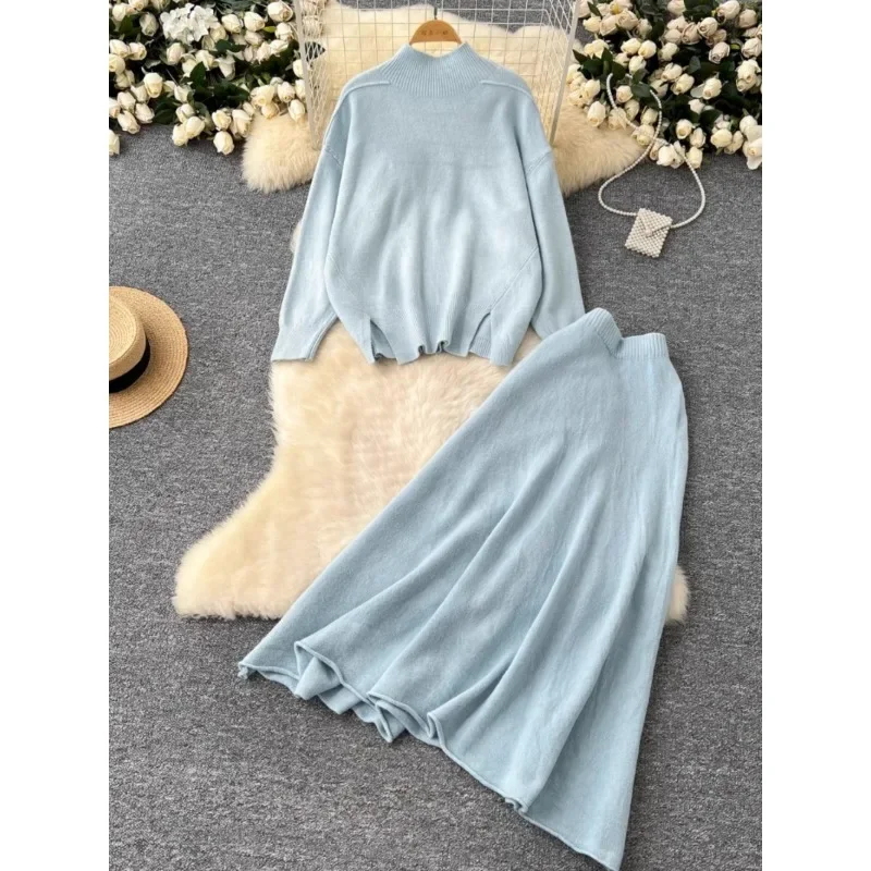 Lazy Style Knitted Warm Sweater Two-piece Set Women Wear Autumn and Winter Pullover Loose Long-sleeved Sweater High Waist Skirt