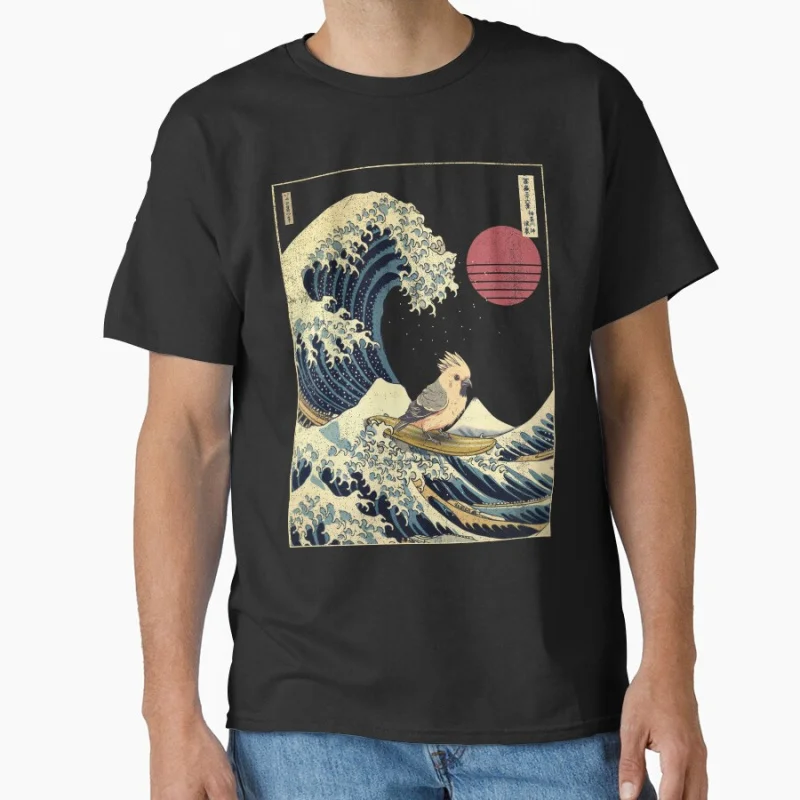 

vintage Cockatiel Bird Kanagawa Japanese Surfing Wave retro gift T-shirt for bird lover large size tee Adult Tops S-6XL