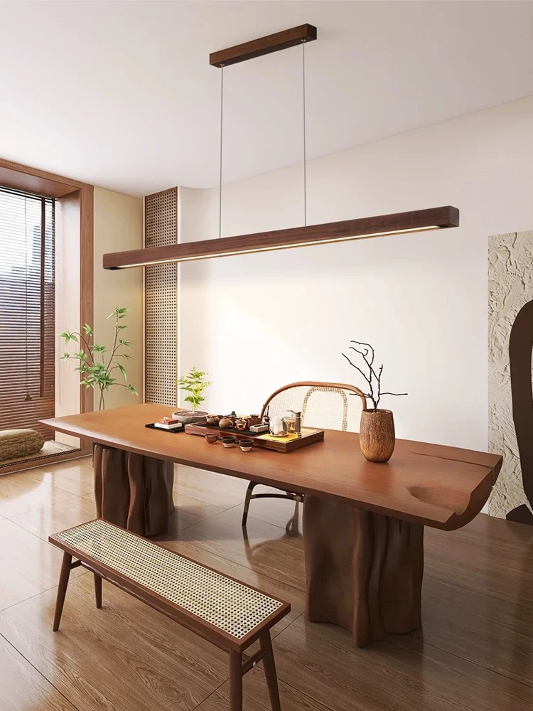 

Modern Walnut Wood Long Bar Pendant Lights Dining Room Kitchen Island Adjustable Height Hanging Light Living Room Droplight