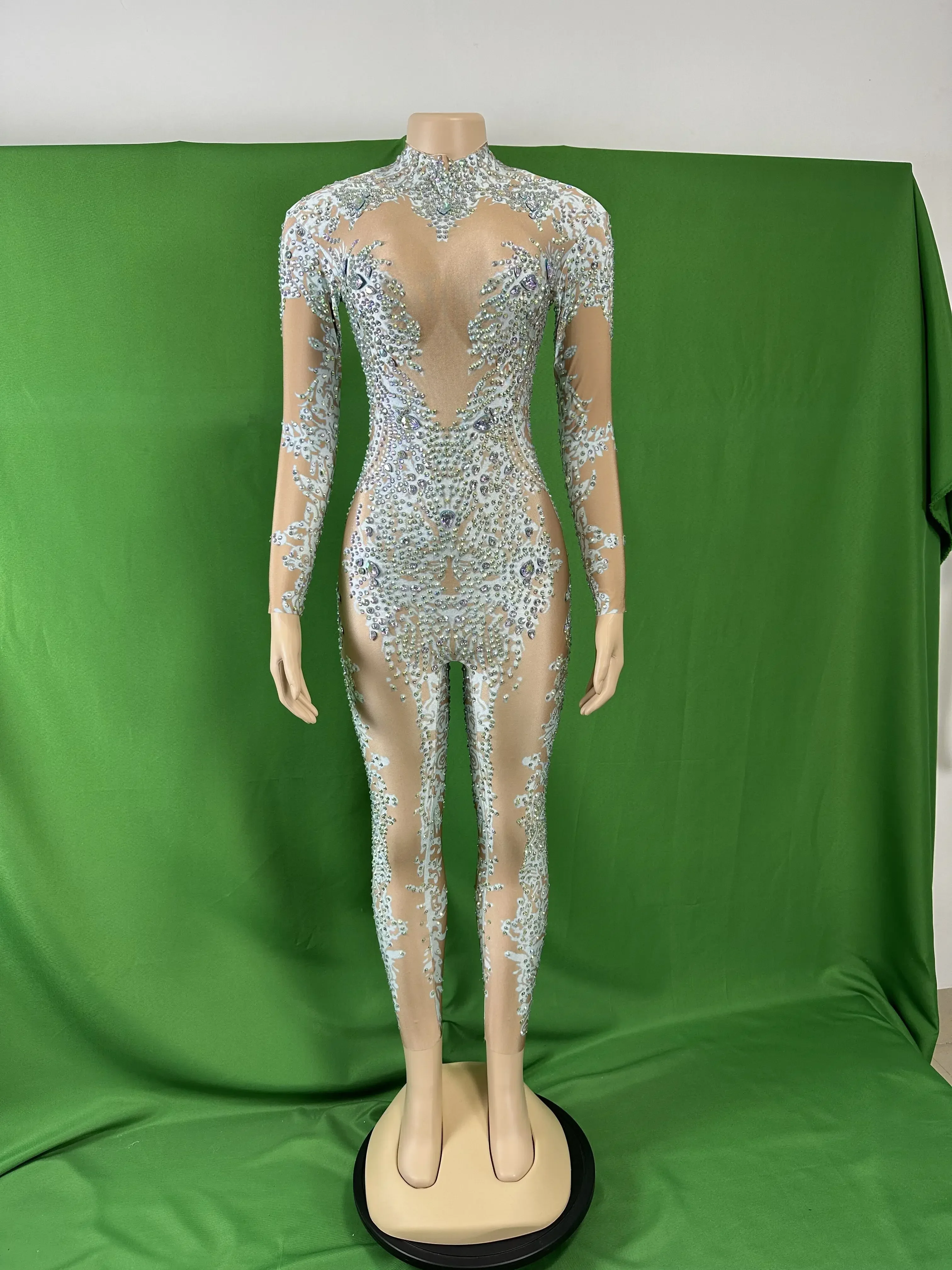 

Women White Sparkly Rhinestone Stretch Pole Dancing Glitter Jumpsuits Bodycon Drag Queen Outfit Charming Tights