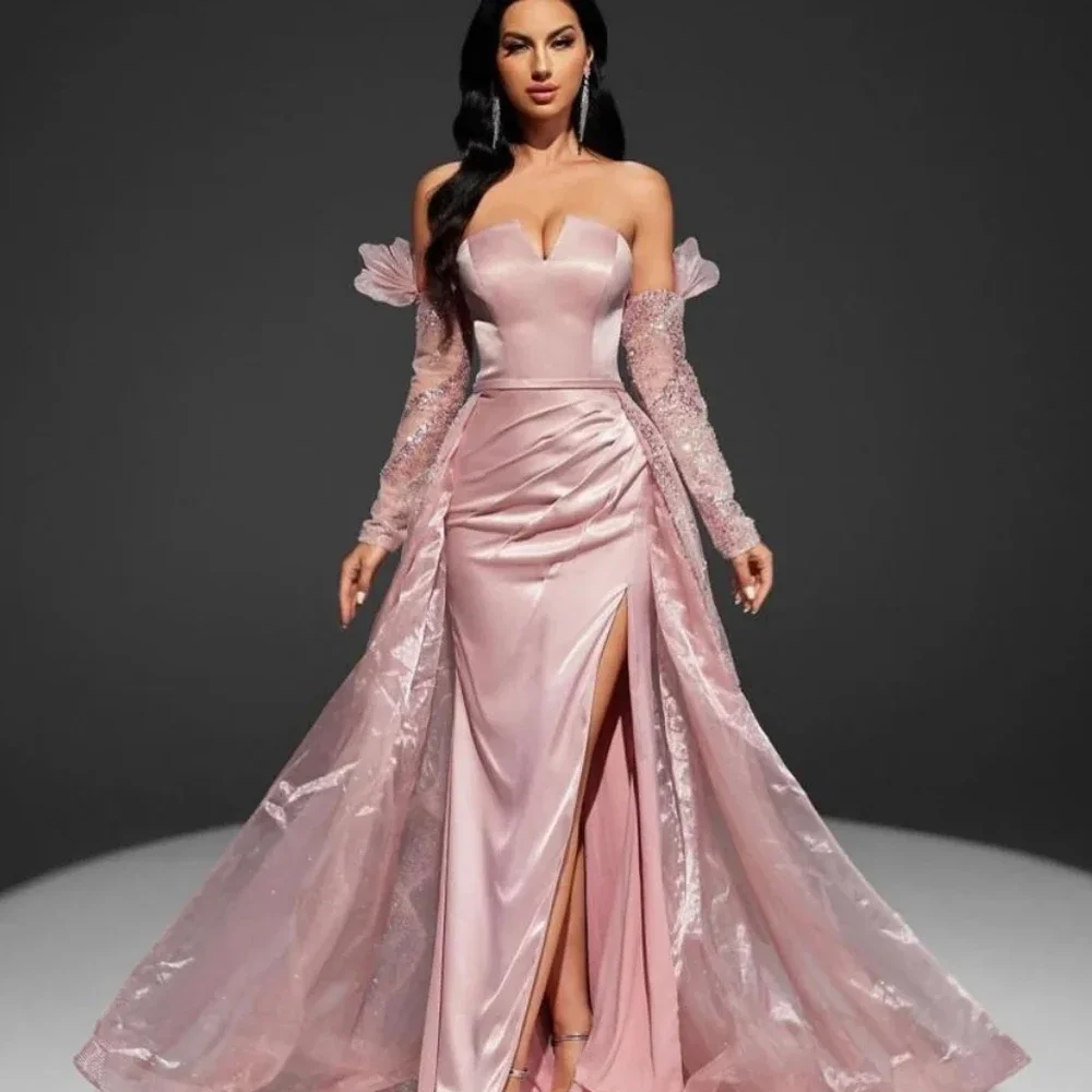 

Customized Fashion High quality Elegant Organza Applique Sequined A-line Strapless Long Dresses Prom Dresses Formal Sparkle