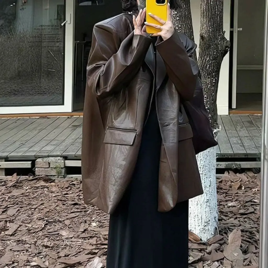 

Women's Trendy Black Leather Jacket Korean Style Fashion American Retro High-End Spring Autumn New