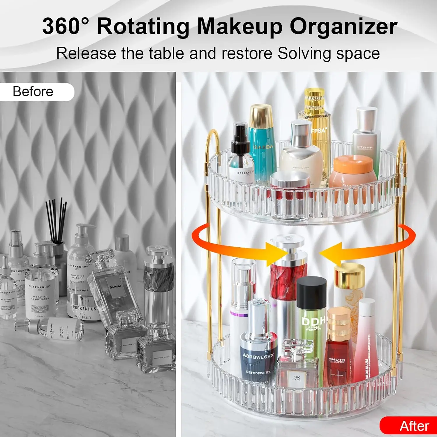 Large Capacity 360 Rotating Makeup Organizer 2 Tier Clear Acrylic Skincare Perfume Cosmetics Storage Stand for Bathroom Vanity Countertop Dresser,Spinning Lazy Susan Beauty Display Rack with Gold Metal Frame,Gift for Women Girls
