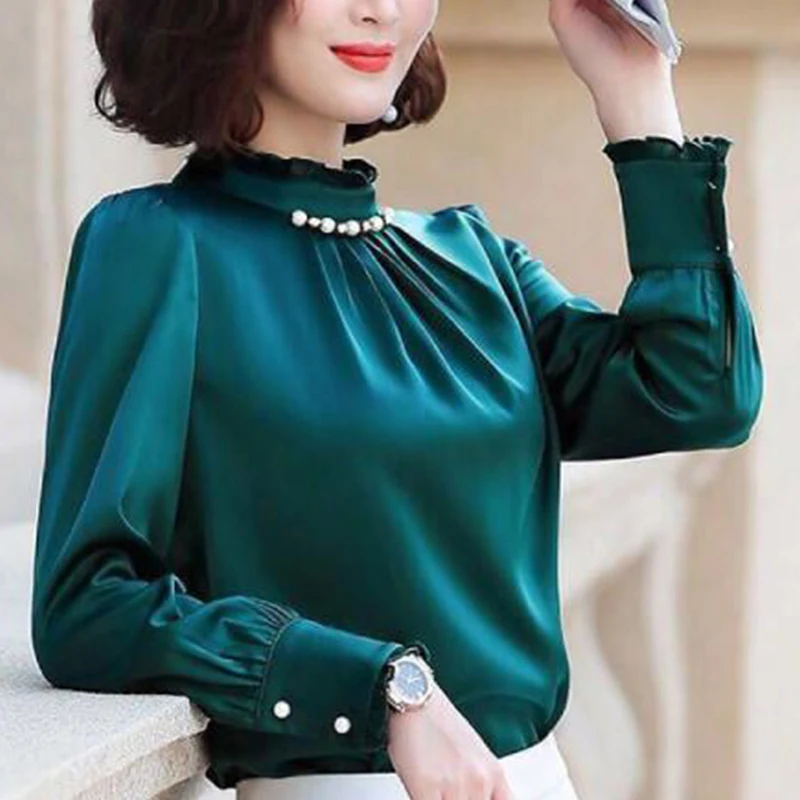 Spring Autumn Ruffles Stand Collar Satin Blouse Top Women Office Lady Elegant Beading Blusa Oversized Shirt All-match Pullovers