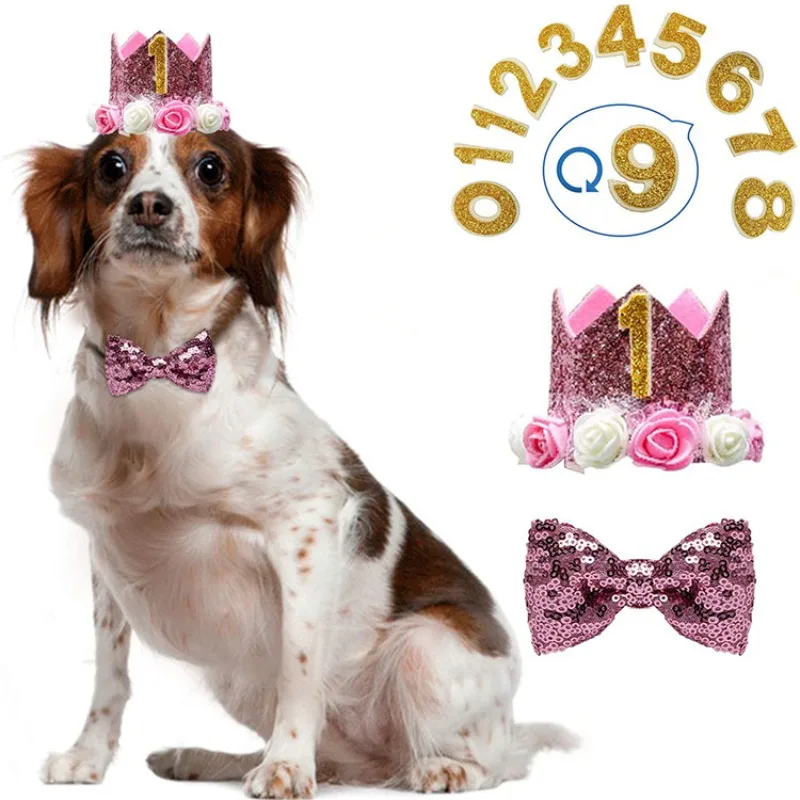 Dog Cat Birthday Crown Hat Bow Tie Set Composite Non Woven Fabric Reusable Headband Suitable Small Medium Sized Pet Supplies