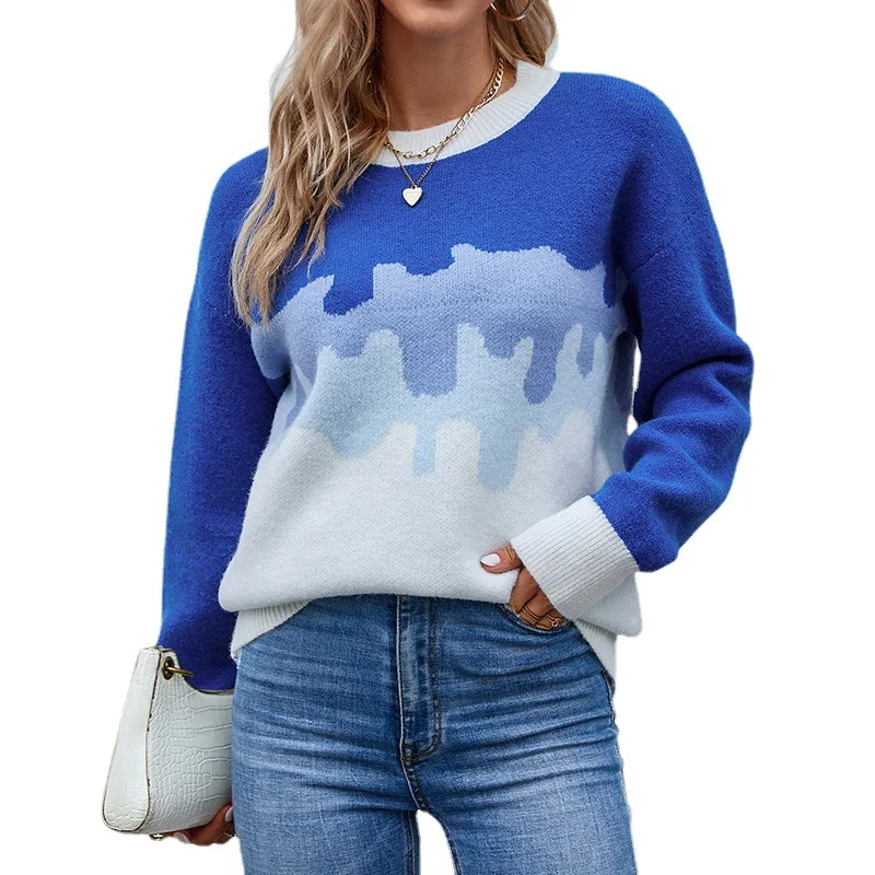 2023 autumn and winter new European and American crew neck pullover knitted sweater contrasting color Amazon sweater women