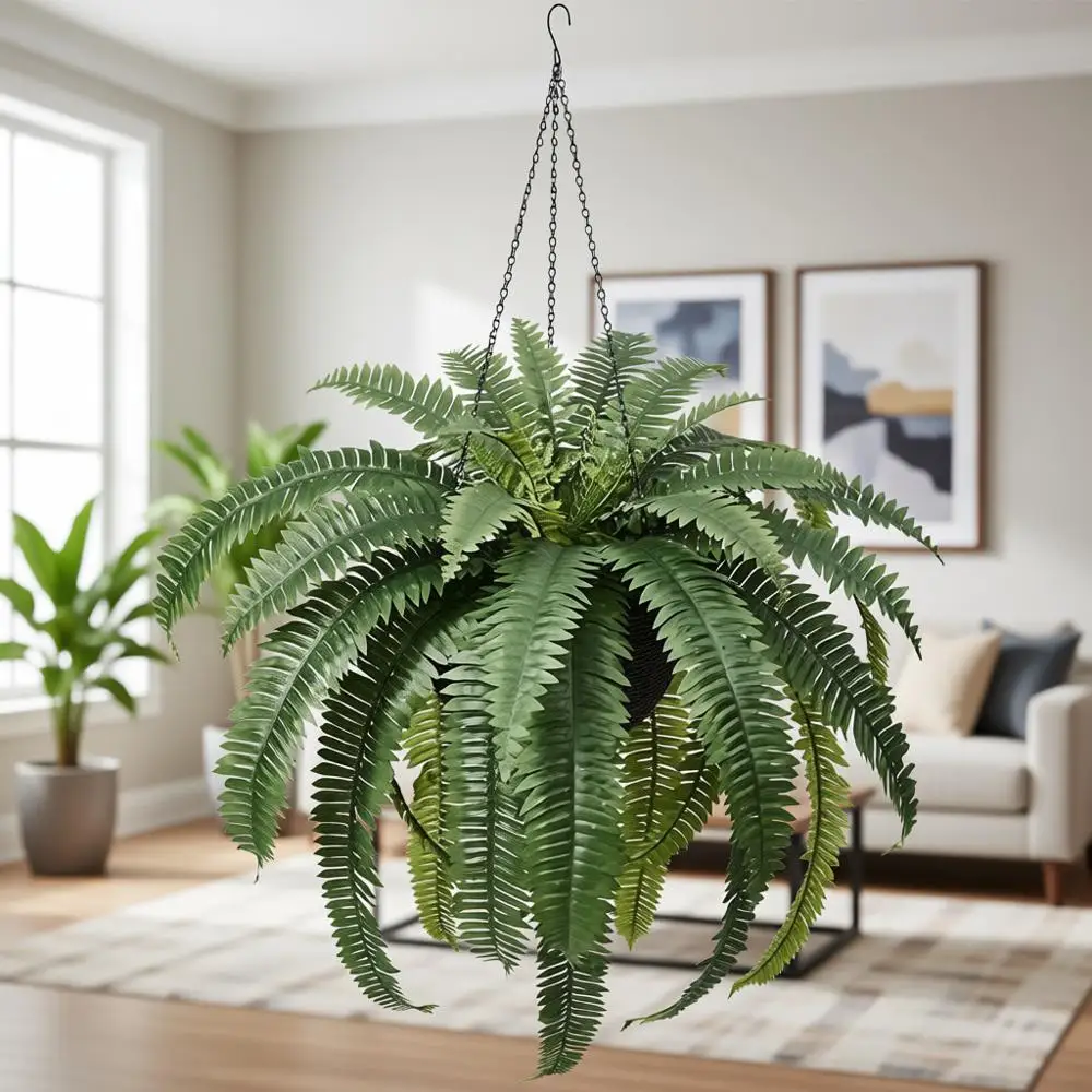 

Искусственное подвесное растение Бостонский папоротник (48 шт.) с корзиной, устойчивое к УФ-излучению – подходит для использования в помещении или на улице, идеально для веранды, двери и патио.