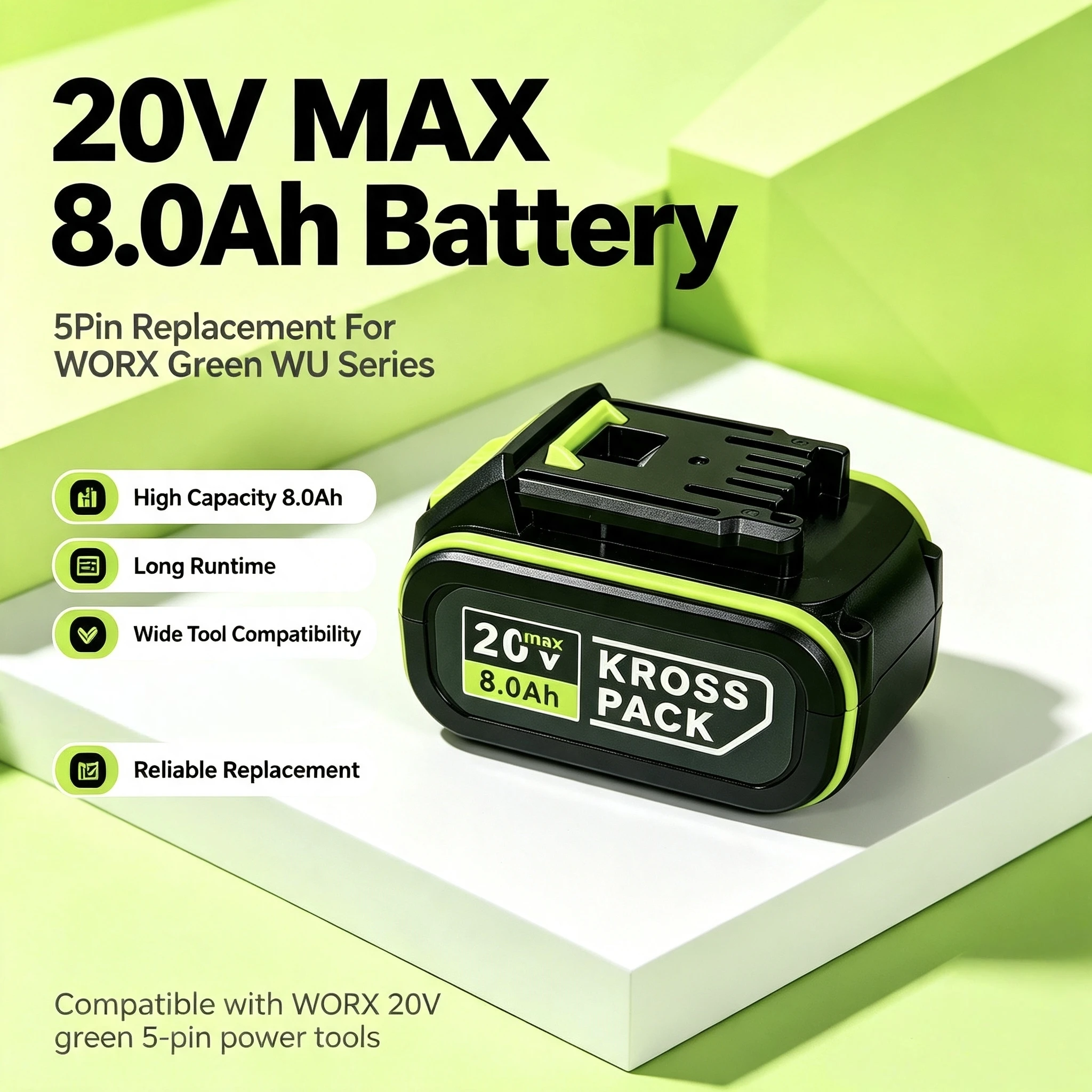 Bateria de Substituição 20V MAX 5 Pinos KROSS PACK 8.0Ah para Ferramentas Elétricas WORX 20V Série WU, Bateria Recarregável de Íon de Lítio