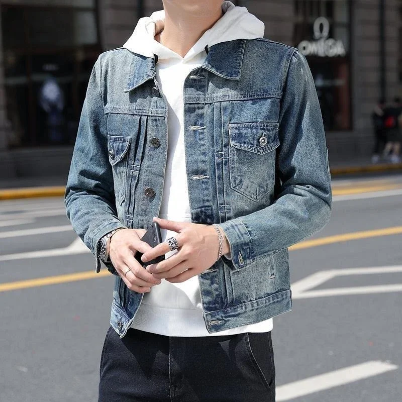 เสื้อโค้ทคาวบอยทรงสลิมฟิตสำหรับผู้ชาย สไตล์เกาหลีใหม่ ของแท้ ดีไซน์ Y2k คุณภาพสูง แฟชั่น ไซส์ L เสื้อแจ็คเก็ตยีนส์ผู้ชายสไตล์โจ๊กเกอร์