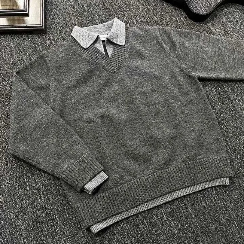 

Retro fake two piece V-neck sweater men's winter lapel old money style knitted sweater top lazy style jacket